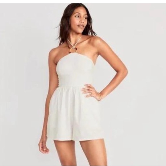 Old Navy Pants - Old Navy, white linen O-ring halter top romper